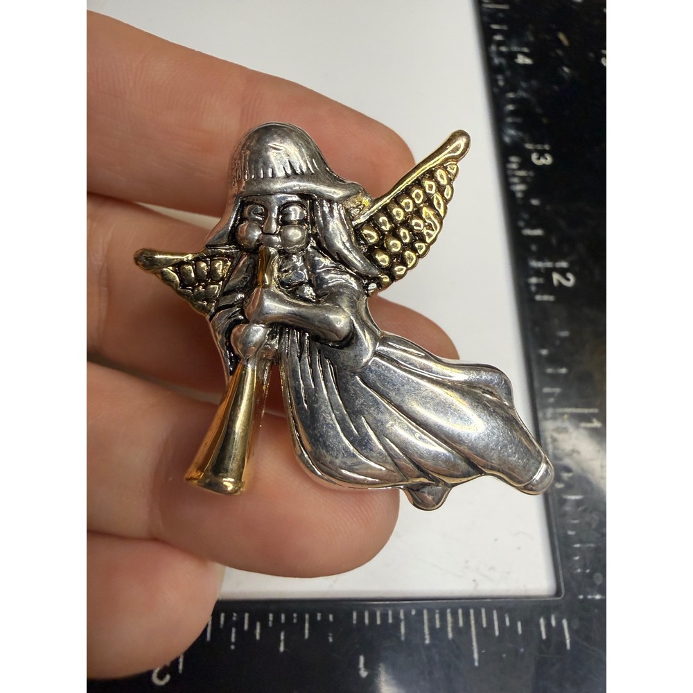 Two Tone Silver Gold Angel Playing Trumpet Brooch Pin Holiday Jewelry